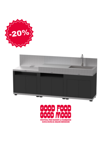CUISINE 3 ELEMENTS INOX ET ACIER DUO + CREDENCE INOX