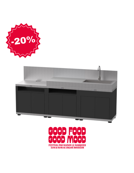 CUISINE 3 ELEMENTS INOX ET ACIER DUO + CREDENCE INOX